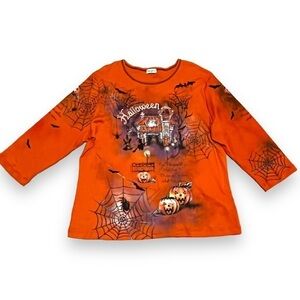 Y2K Halloween Knit Top Haunted House Pumpkins Cobwebs 2 sided Spooky Orange XXL